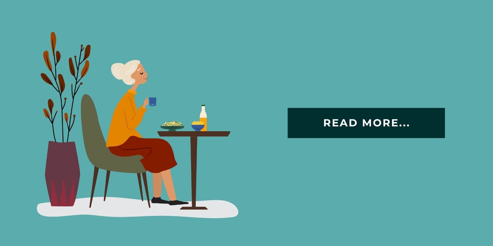 An illustration of a senior sitting in a cozy space enjoying a meal beside the words "Read more."