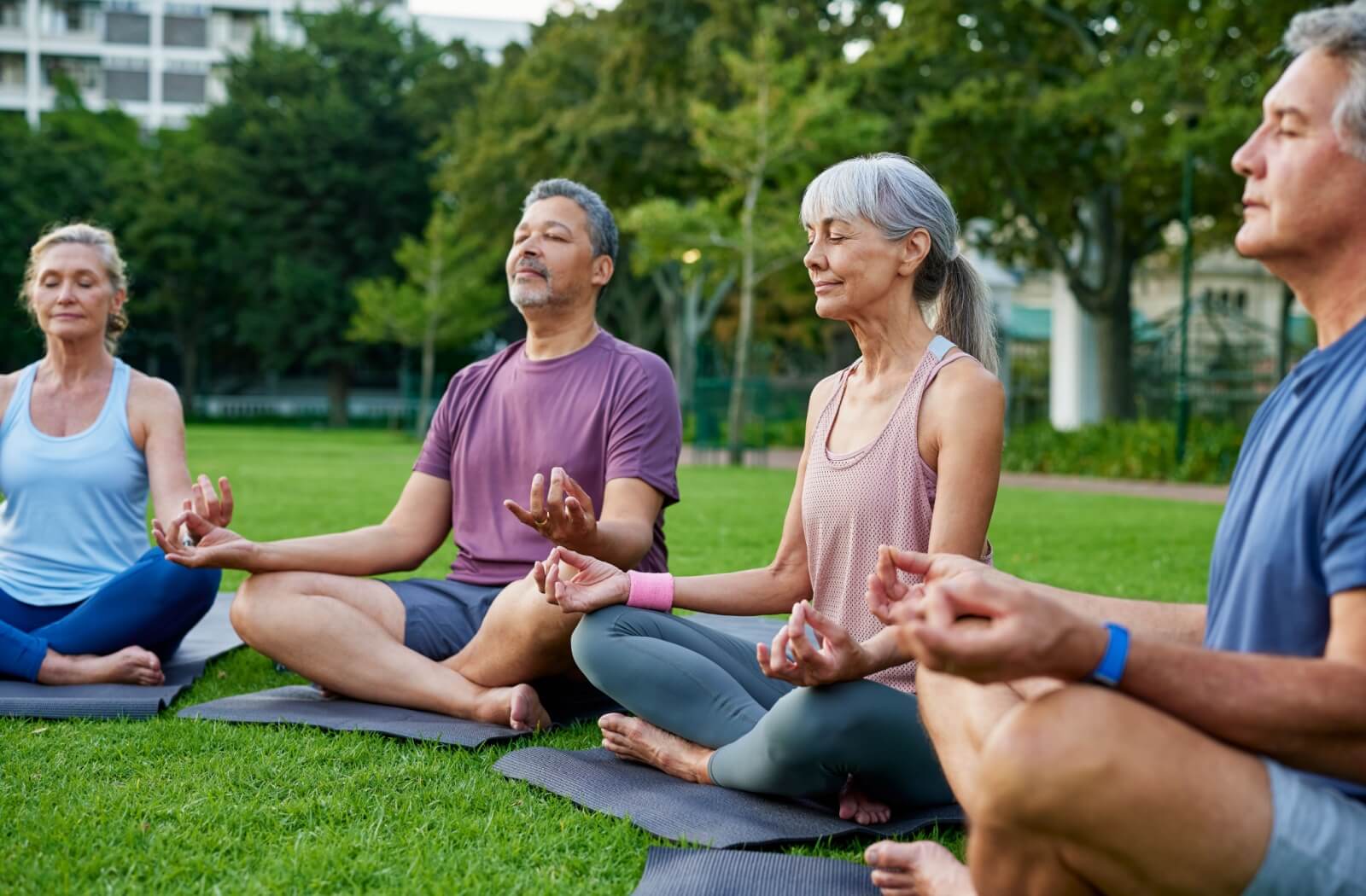 A group of older adults meditates together outdoors.