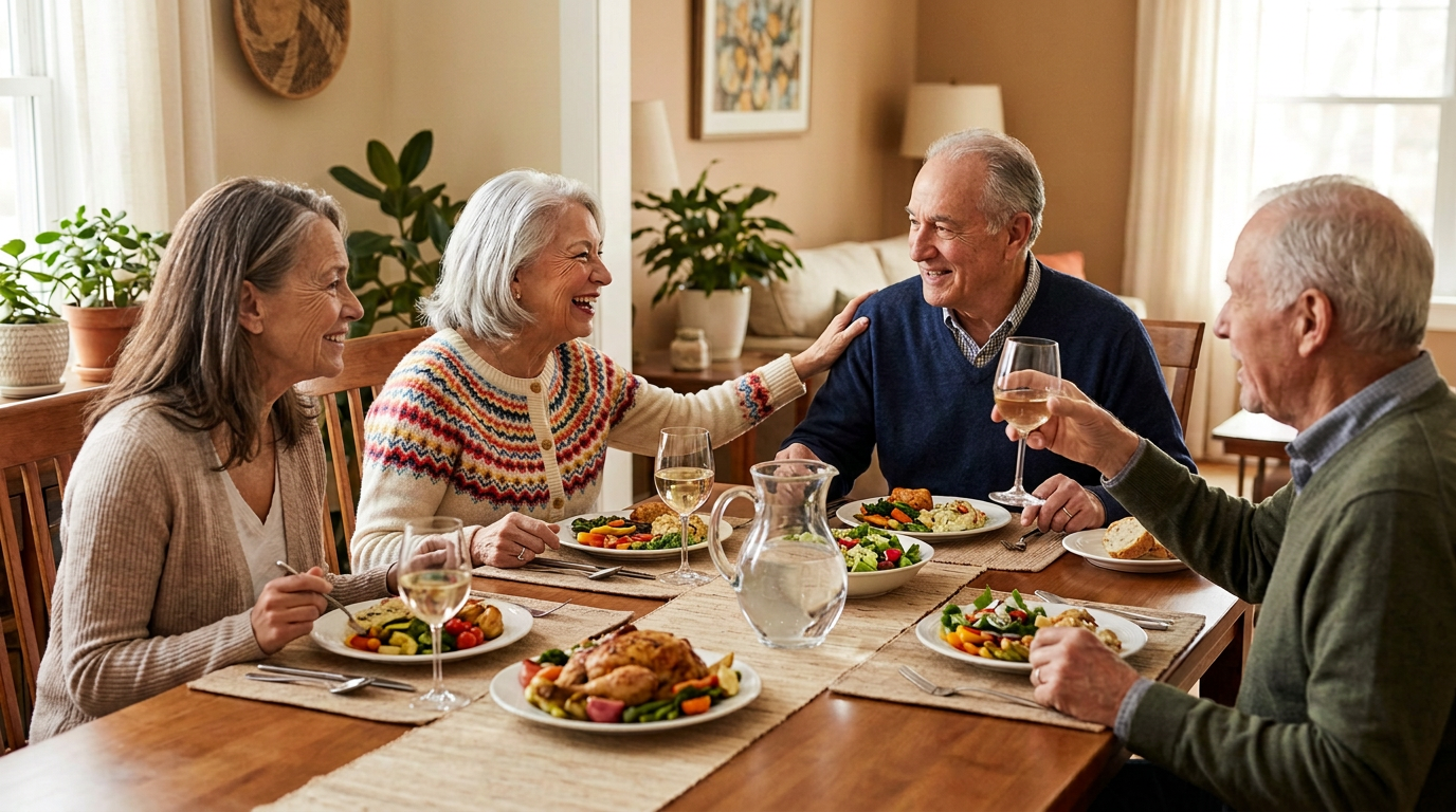 A group of older adults socialize while sharing dinner together.