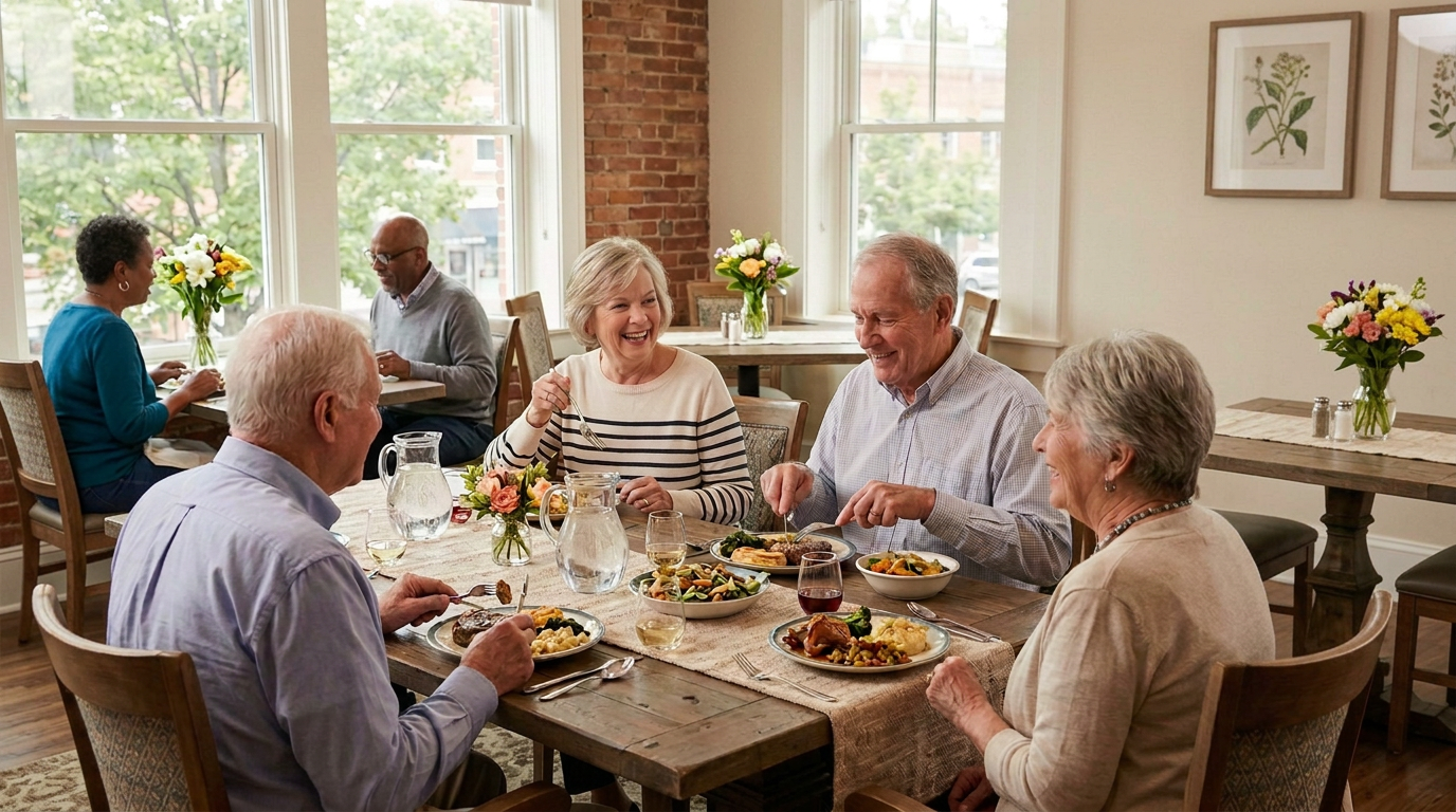 A group of older adults enjoy a meal together in a senior living community.