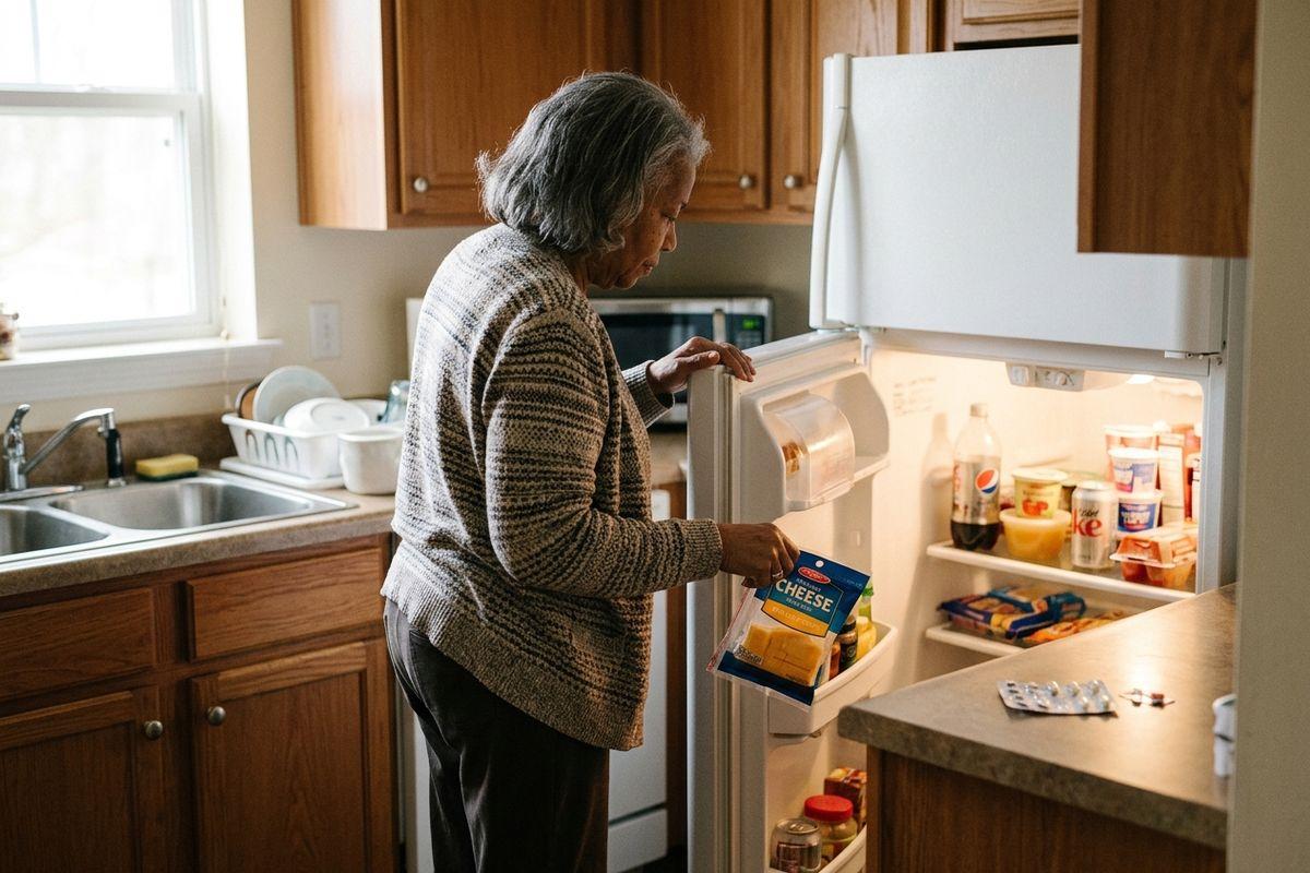 A senior stands in front of their fridge, forgetting why they opened the door. 