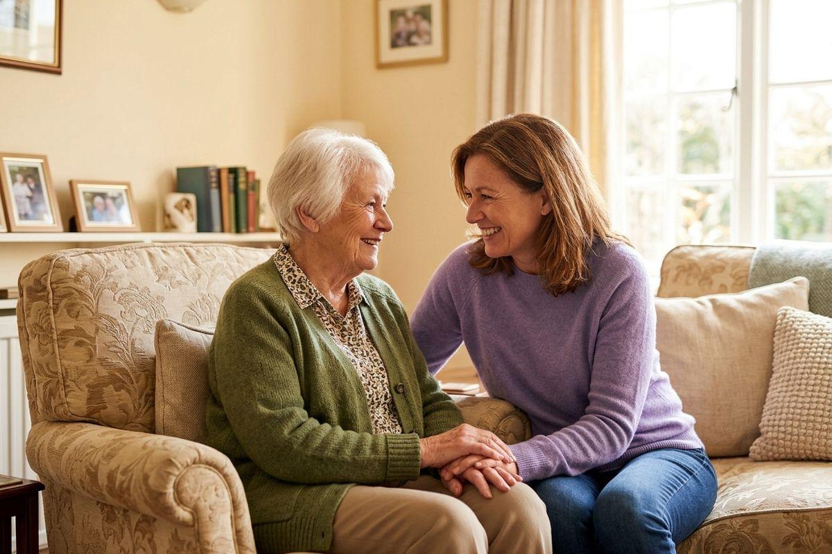 An adult reassures their senior parent about deciding to go live in a senior living community.