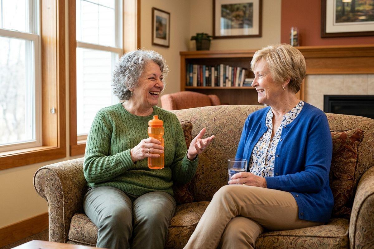 Two friends talk to one another while drinking water to stay hydrated in a senior living community.