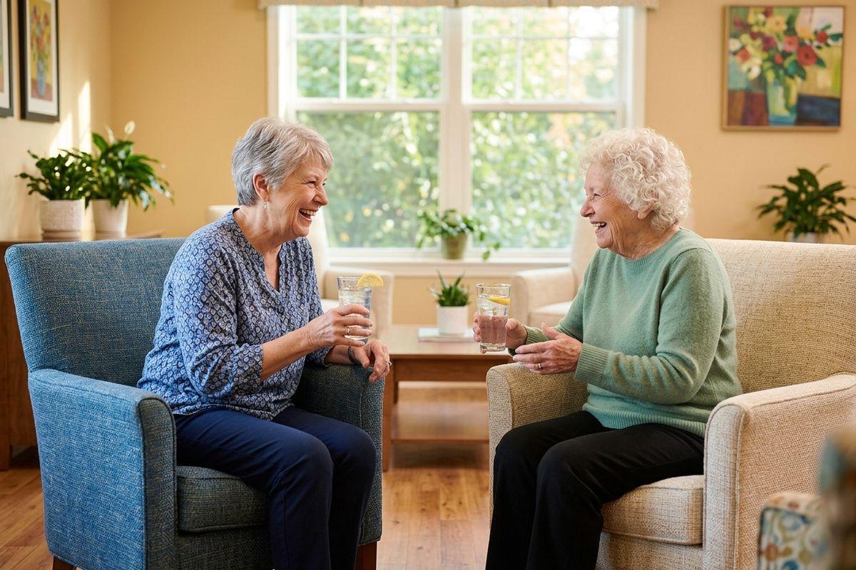 Two older adults drinks glasses of water while chatting in comfy armchairs.