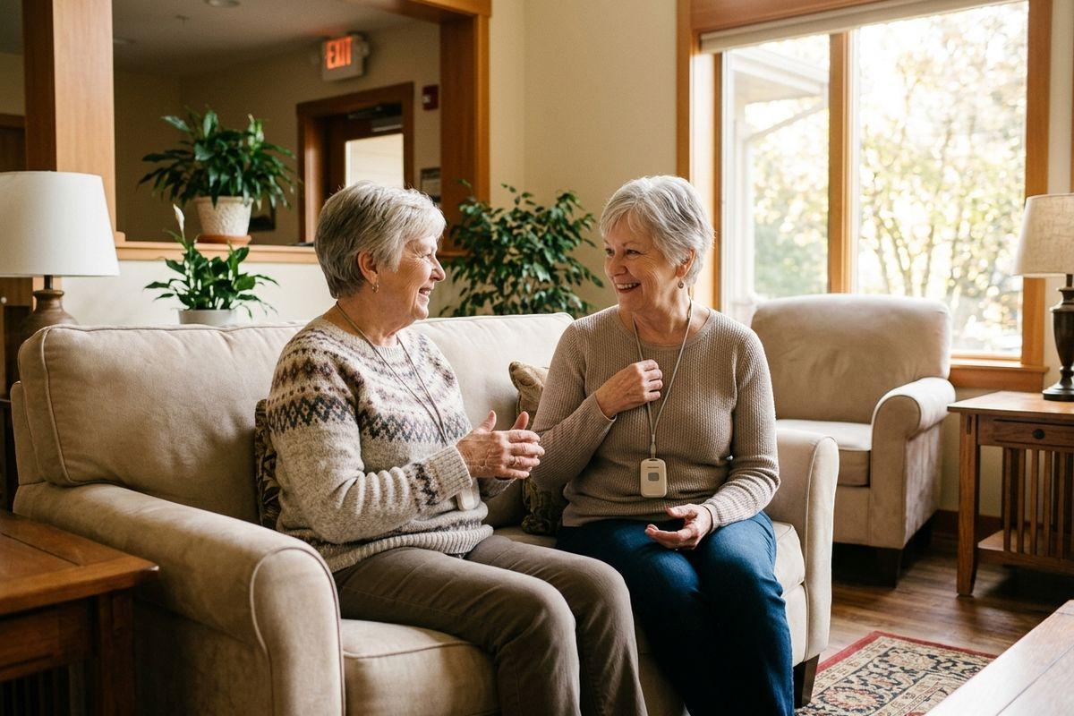 Two older adults sit on a couch, happily conversing with each other in a senior living community. 