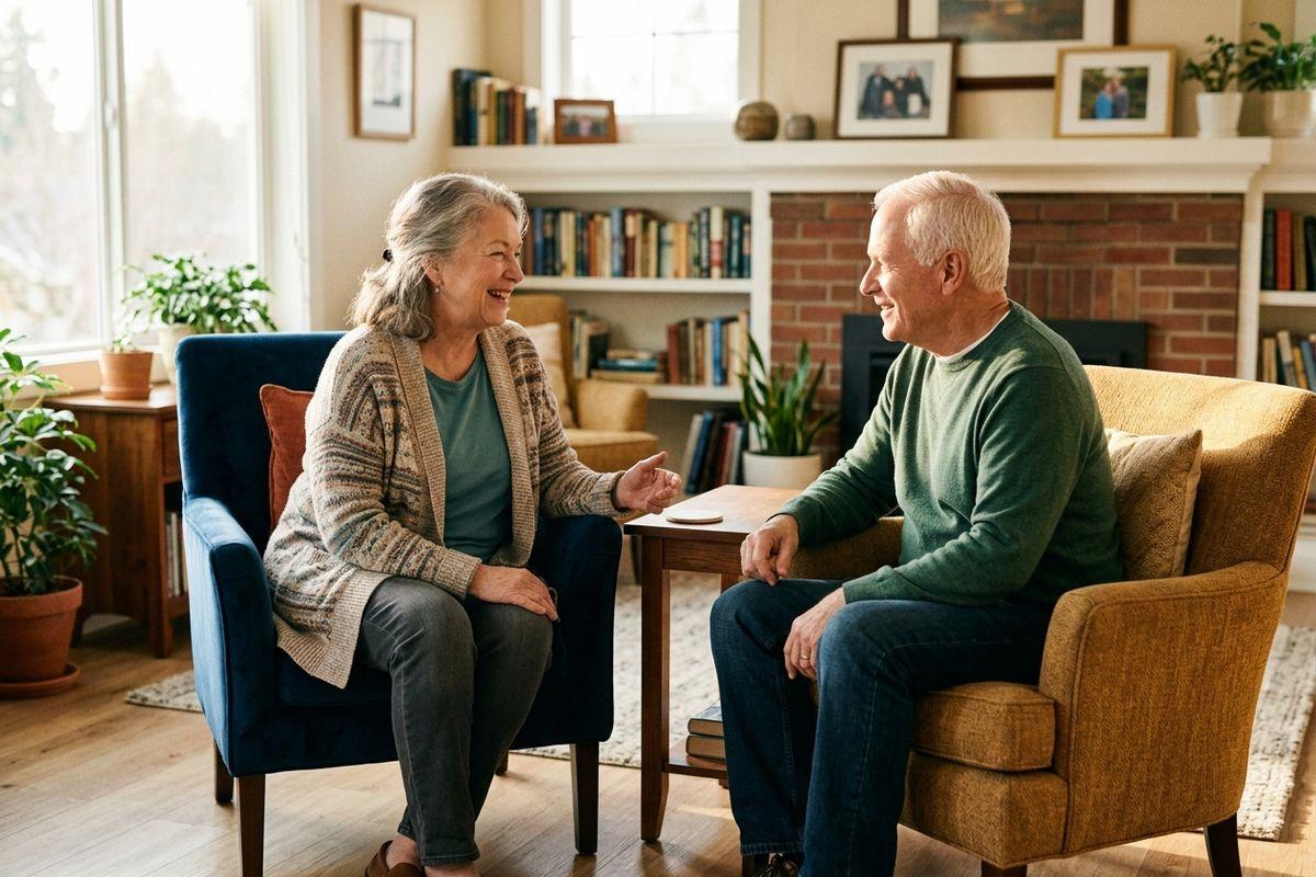 Two older adults sit next to each other, happily conversing in a living room in a senior living community.