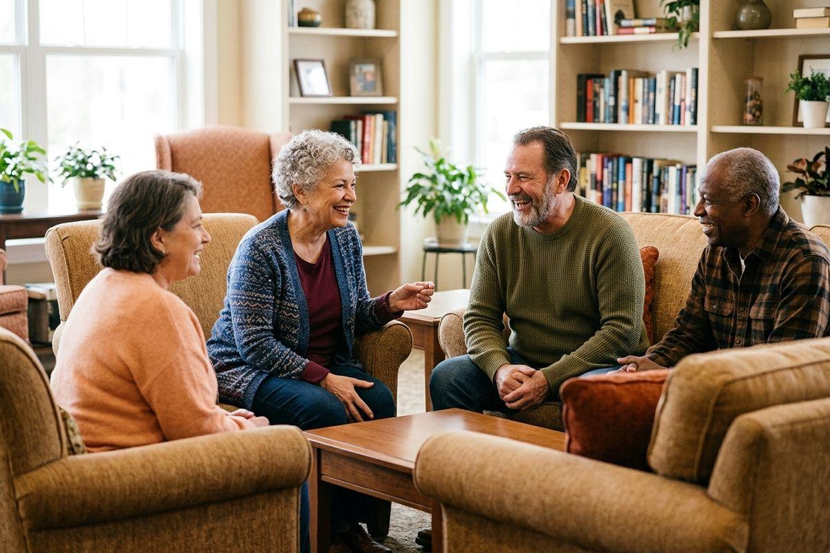 A group of older adults sitting around on chairs in a senior living community.