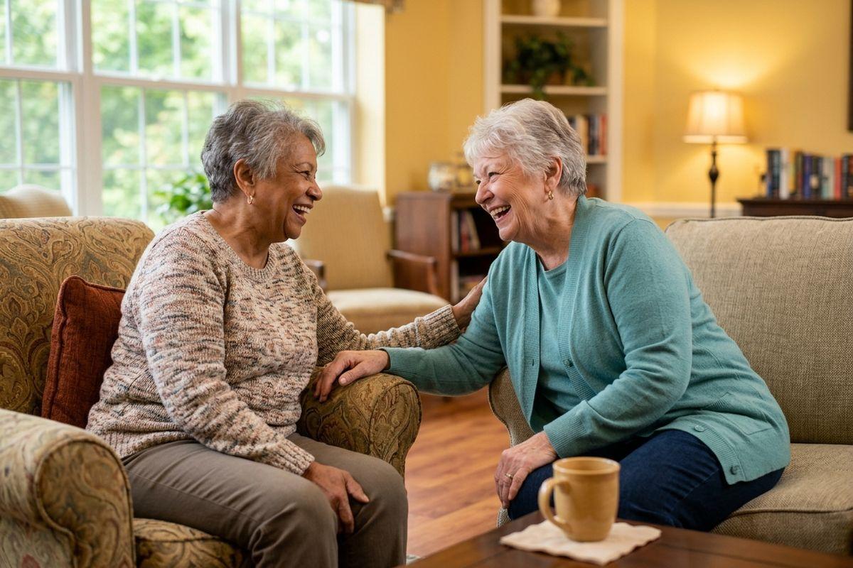 Two older adults smiling and laughing at each other in an assisted living community